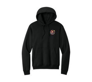 Charles Halloween Hoodie, front: stitched doll rip-through pocket print on black hoodie