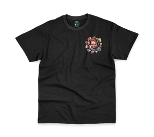Charles Halloween Tee, front: stitched doll rip-through pocket print on black tee