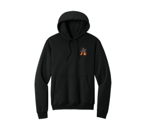 Fredrick Halloween Hoodie, front: flaming bladed-glove pocket print on black hoodie