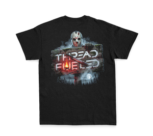Jason Halloween Tee, back: campground-sign ThreadFueled print on black tee
