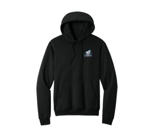 Jason Halloween Hoodie, front: moonlit mask and machete pocket print on black hoodie