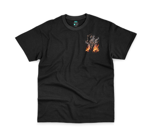 Fredrick Halloween Tee, front: flaming bladed-glove pocket print on black tee