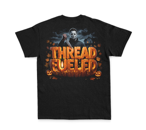Mikey Halloween Tee, back: carved-pumpkin ThreadFueled print on black tee