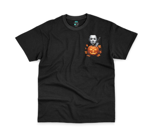 Mikey Halloween Tee, front: masked jack-o'-lantern pocket print on black tee