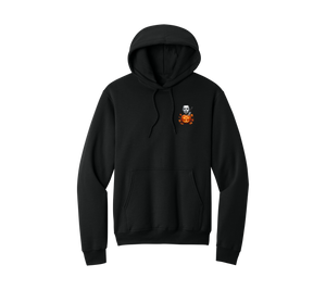 Mikey Halloween Hoodie, front: masked jack-o'-lantern pocket print on black hoodie