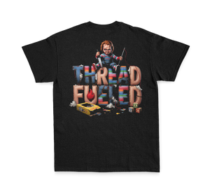 Charles Halloween Tee, back: patchwork ThreadFueled print on black tee