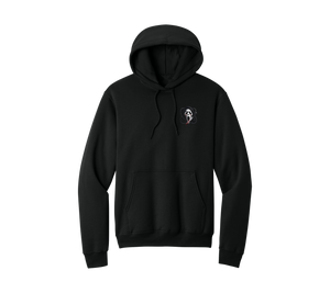 Casper Halloween Hoodie, front: screaming ghost mask pocket print on black hoodie