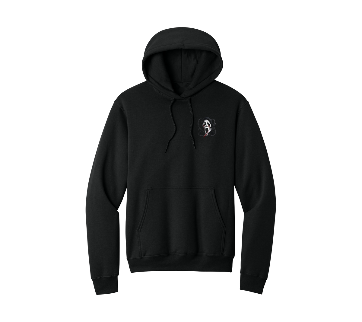 Casper Halloween Hoodie, front: screaming ghost mask pocket print on black hoodie