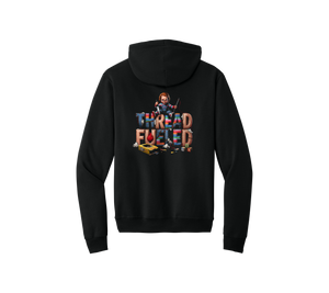 Charles Halloween Hoodie, back: patchwork ThreadFueled print on black hoodie