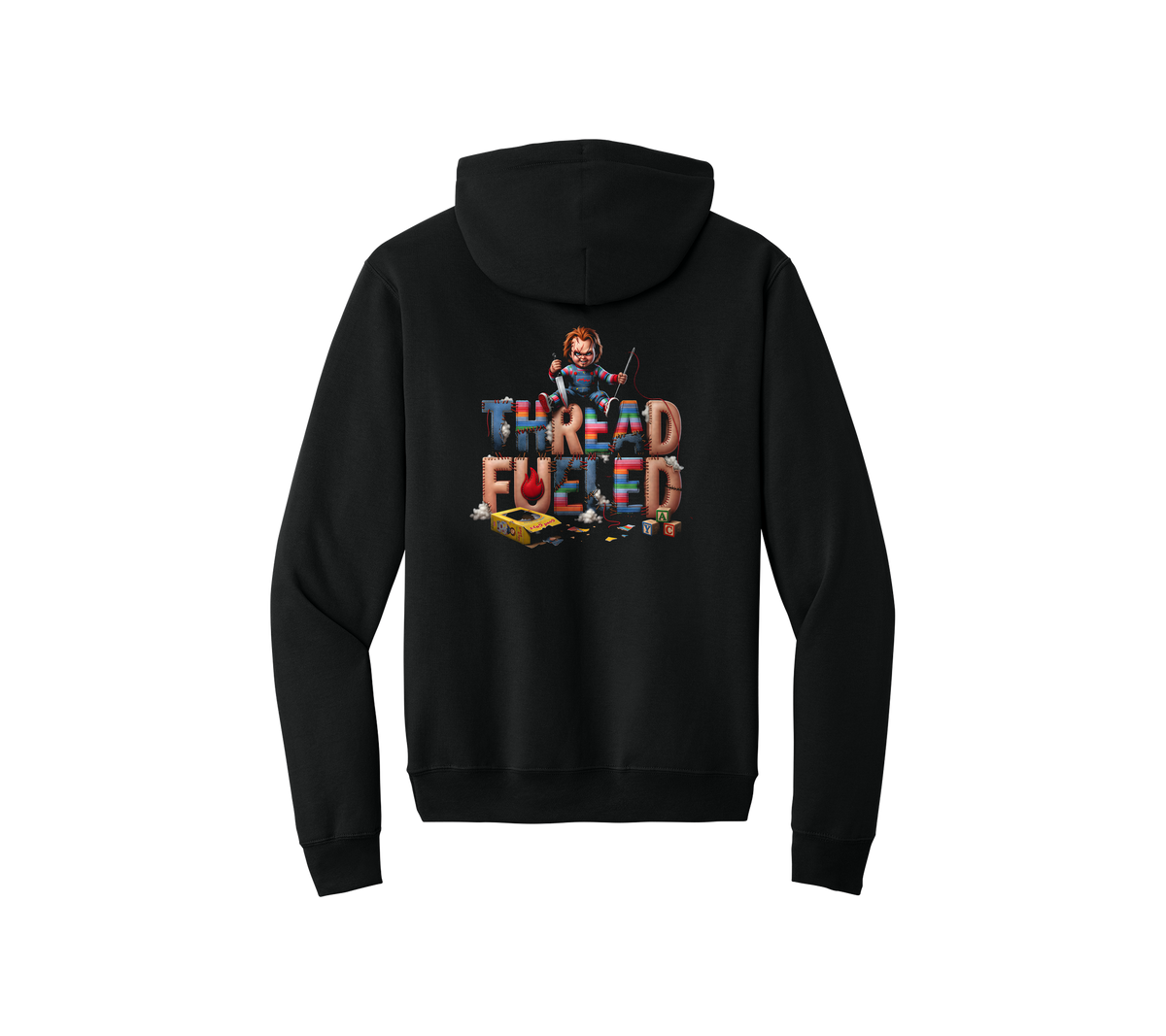 Charles Halloween Hoodie, back: patchwork ThreadFueled print on black hoodie