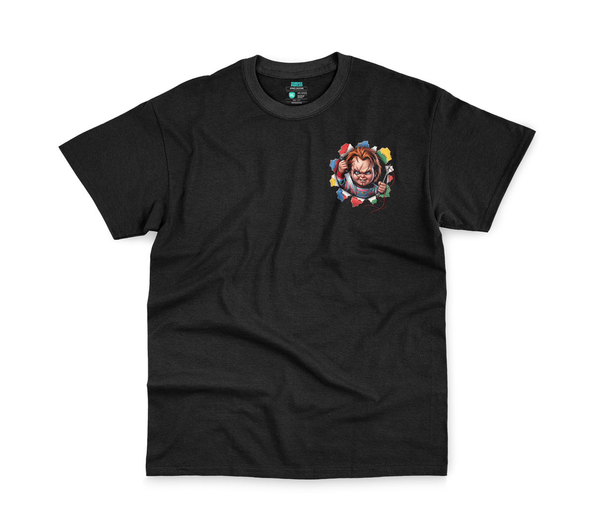 Charles Halloween Tee, front: stitched doll rip-through pocket print on black tee