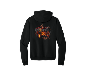 Fredrick Halloween Hoodie, back: forged-steel ThreadFueled print on black hoodie