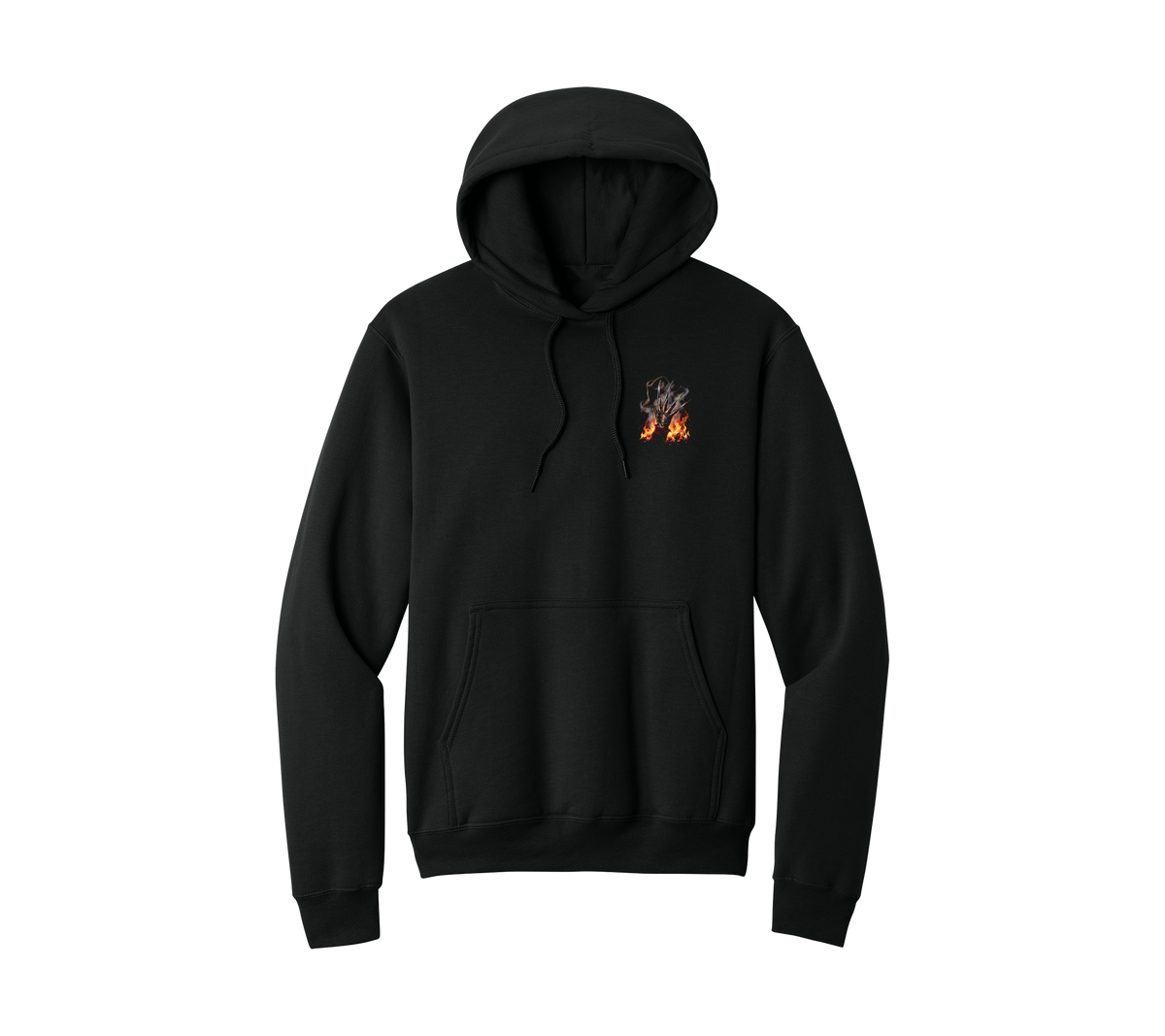 Fredrick Halloween Hoodie, front: flaming bladed-glove pocket print on black hoodie
