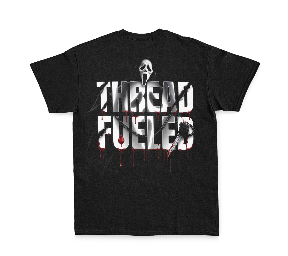 Casper Halloween Tee, back: blood-drip ThreadFueled print on black tee