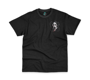 Casper Halloween Tee, front: screaming ghost mask pocket print on black tee