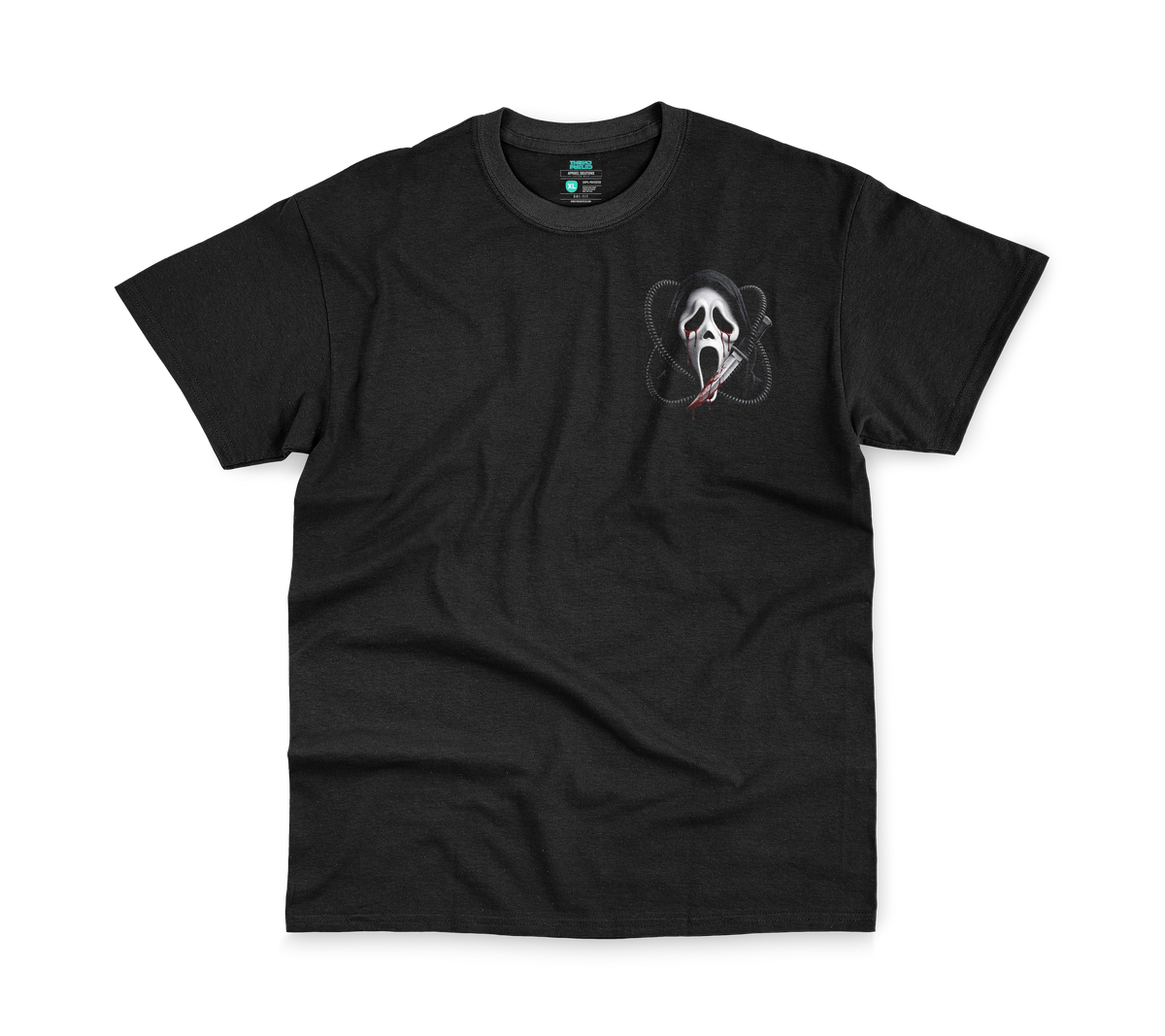 Casper Halloween Tee, front: screaming ghost mask pocket print on black tee