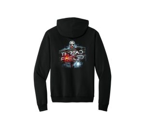 Jason Halloween Hoodie, back: campground-sign ThreadFueled print on black hoodie