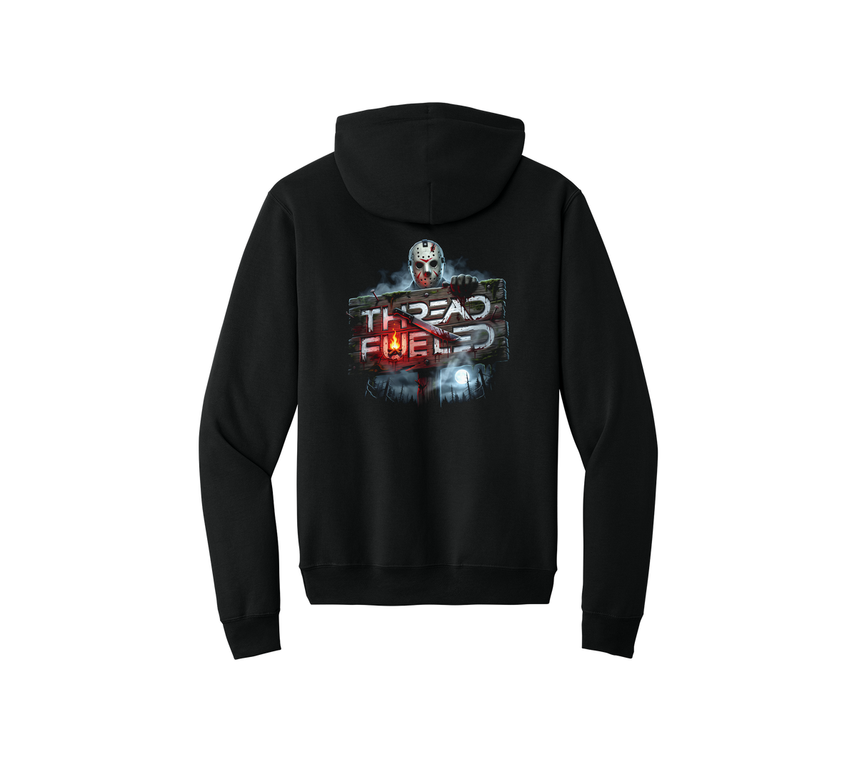Jason Halloween Hoodie, back: campground-sign ThreadFueled print on black hoodie