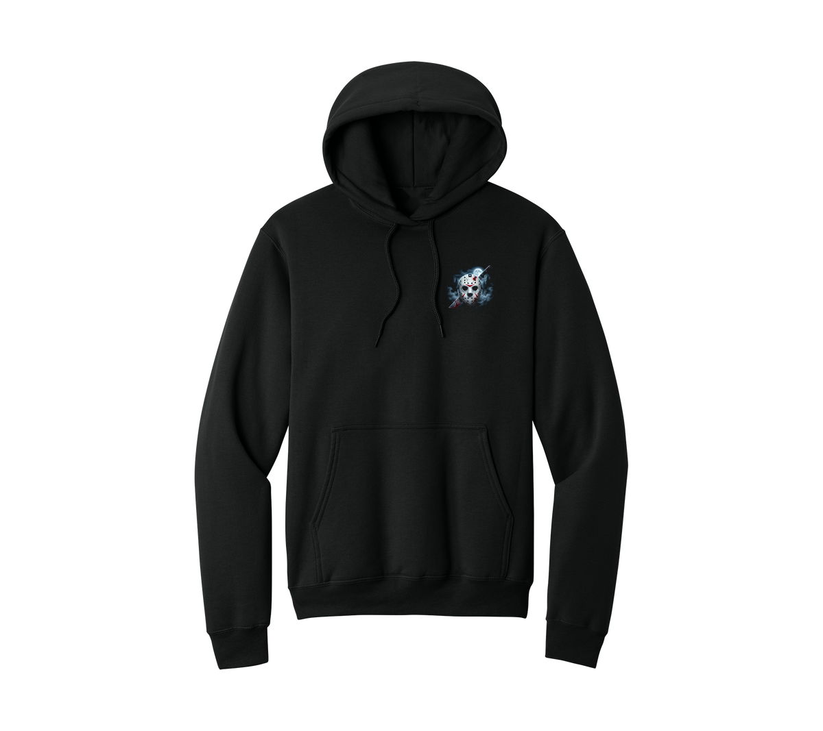 Jason Halloween Hoodie, front: moonlit mask and machete pocket print on black hoodie