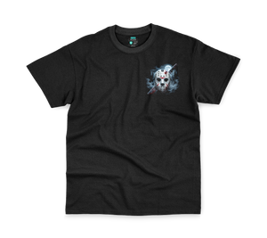 Jason Halloween Tee, front: moonlit mask and machete pocket print on black tee