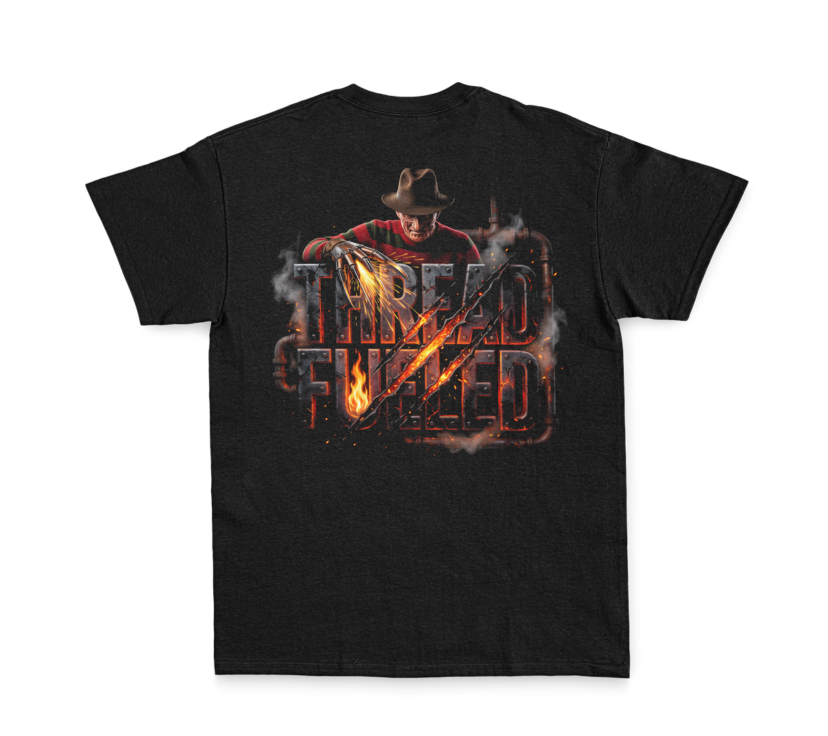 Fredrick Halloween Tee, back: forged-steel ThreadFueled print on black tee