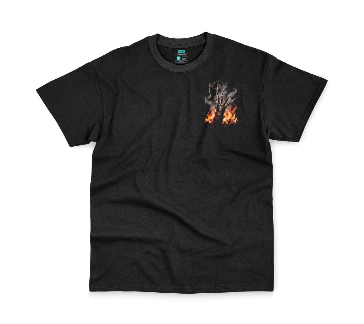 Fredrick Halloween Tee, front: flaming bladed-glove pocket print on black tee