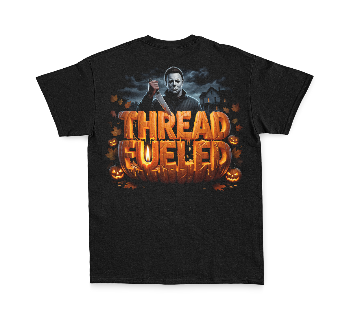Mikey Halloween Tee, back: carved-pumpkin ThreadFueled print on black tee