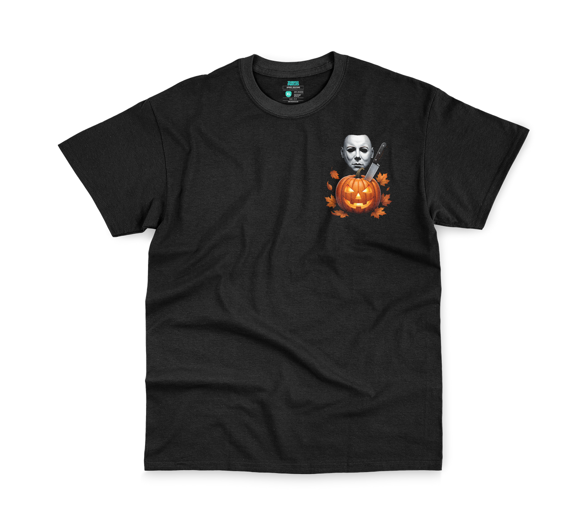Mikey Halloween Tee, front: masked jack-o'-lantern pocket print on black tee