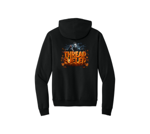 Mikey Halloween Hoodie, back: carved-pumpkin ThreadFueled print on black hoodie