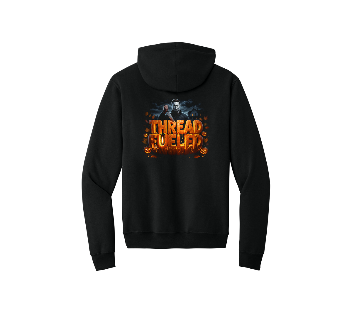 Mikey Halloween Hoodie, back: carved-pumpkin ThreadFueled print on black hoodie