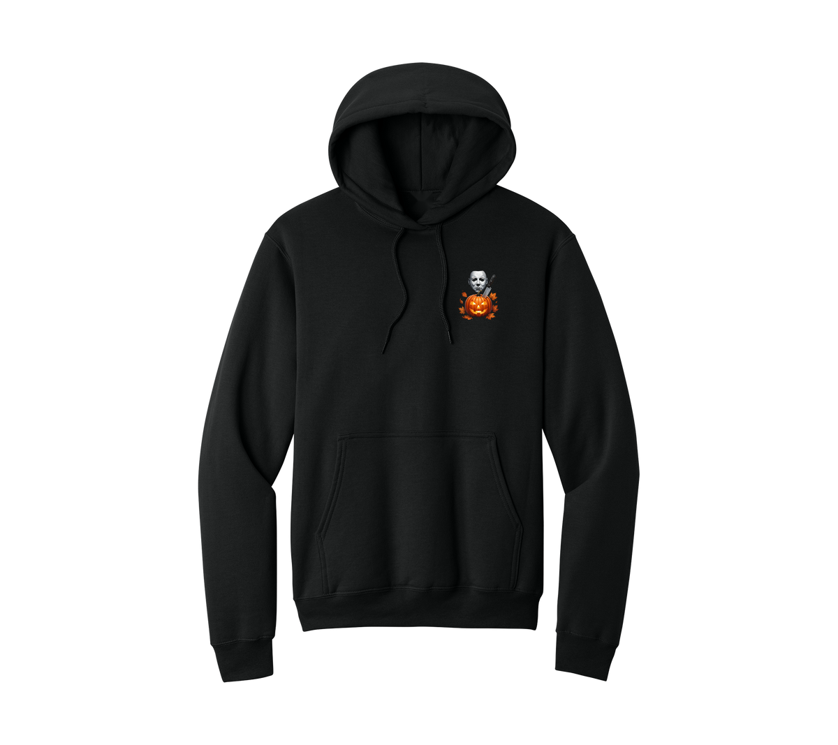 Mikey Halloween Hoodie, front: masked jack-o'-lantern pocket print on black hoodie