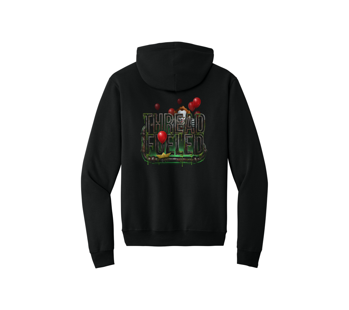 Penny Halloween Hoodie, back: slimy sewer-pipe ThreadFueled print on black hoodie