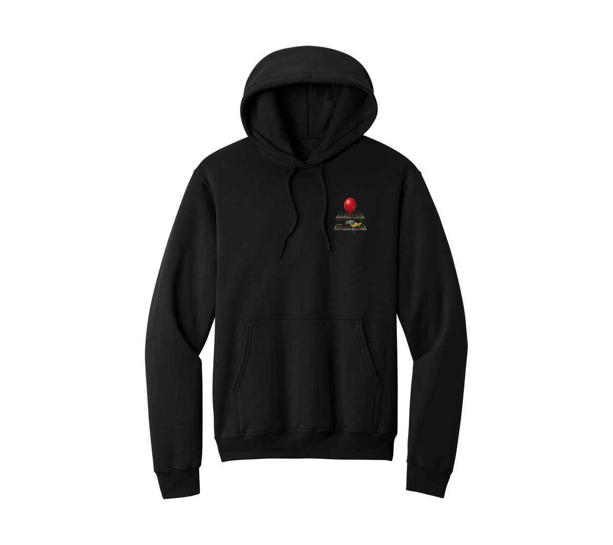 Penny Halloween Hoodie, front: red balloon storm-drain pocket print on black hoodie